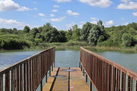Rusty metal pier leading out over a large fishpond bordered by dense greenery and trees under a partly cloudy sky.
