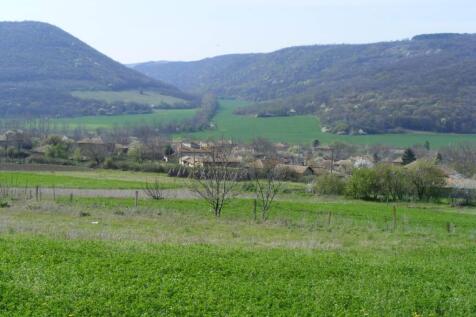Green fields with scattered trees and a village nestled at the base of forested hills