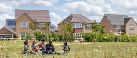 Four children and a dog enjoying a picnic on a grassy area with houses and trees in the background u