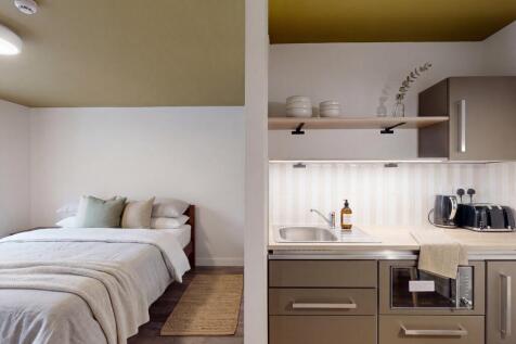 Modern studio with sleek kitchenette and bed...