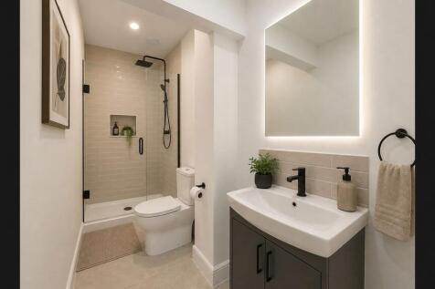 Modern bathroom with stylish matte black fixtur...