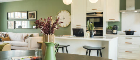 Modern open-plan kitchen and living area with green walls, white cabinetry, and stylish decor includ