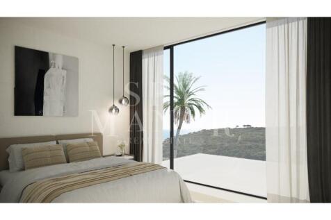 Modern luxury master bedroom interior rendering with floor-to-ceiling windows, private terrace access, and coastal views in a Vale de Lapa villa, Carvoeiro.