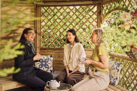 a group of women sitting on a bench