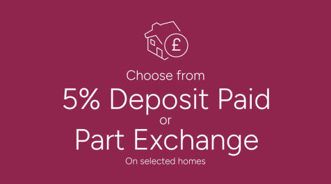 A house icon with a pound symbol is centered above text offering "5% Deposit Paid or Part Exchange"