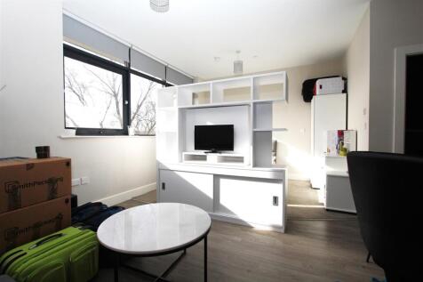 Bright lounge with sleek modern shelving...