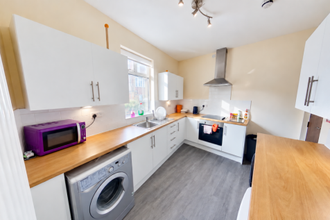 Straightened Purple Microwave in Modern Kitchen