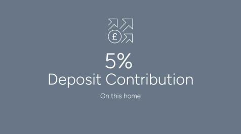 The image displays a 5% Deposit Contribution text overlay on a plain gray background
