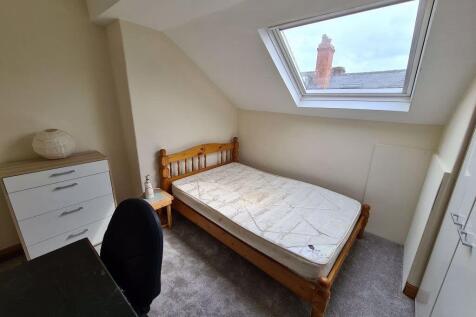 Bright and cozy single bedroom featuring a slop...