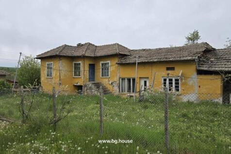 Front view of a yellow rural house with a tiled roof and stone steps leading to the entrance, enclosed by a wire fence with green grass and dandelions