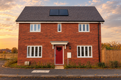 A two-story red brick house with a red front door stands before a soft sunset sky with scattered clo