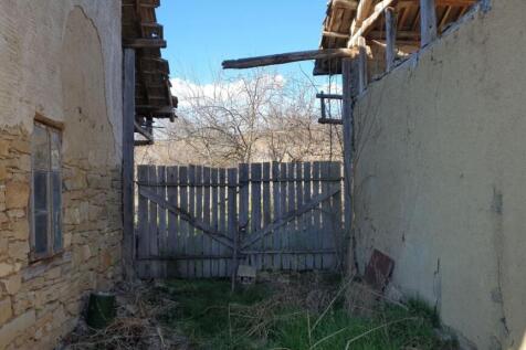 Narrow grassy yard enclosed by stone and clay walls of two buildings, ending with a wooden gate under daylight.