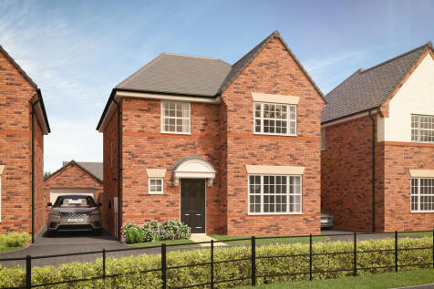 A modern brick house with a dark front door and large windows sits in the foreground