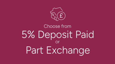 A house icon with a pound symbol is centered above text offering a choice between "5% Deposit Paid"