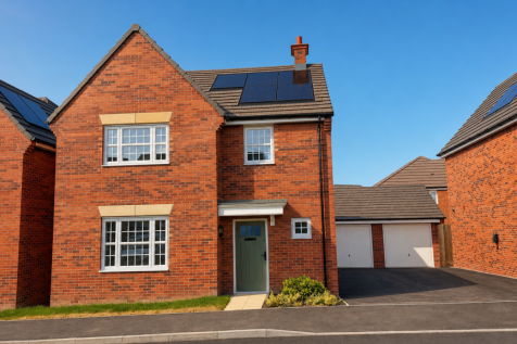A row of modern brick houses with solar panels on their roofs are set against a clear blue sky.