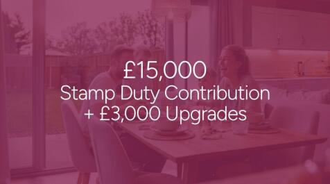 A white outline of a house sits above text stating "£15,000 Stamp Duty Contribution + £3