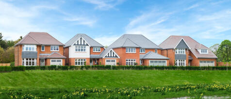 Modern detached houses with red and grey roofing, set behind a green lawn with yellow flowers and a