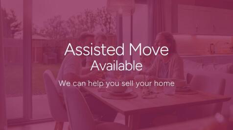 A white line drawing of a hand holding a house sits above the text "Assisted Move Available" and "We