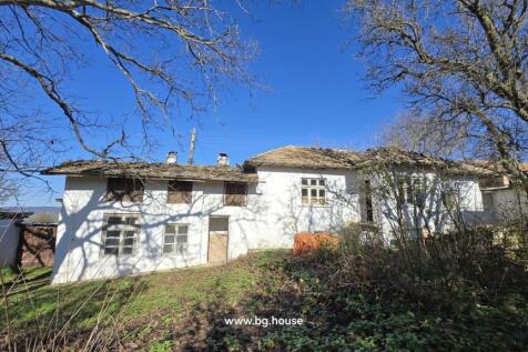 View of the white two-storey Bulgarian cottage at the end of the village with leafless trees casting shadows on the facade.