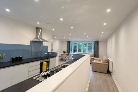 Modern open-plan lounge with kitchen and garden...