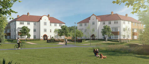 Modern residential buildings with green communal gardens, trees, pathways, and people relaxing and c
