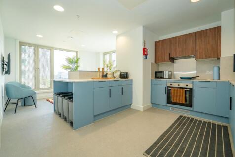 Bright modern kitchen with stylish blue cabinet...