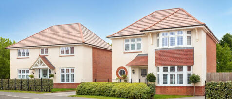 Two modern houses with colourful doors, surrounded by a lush green lawn and a large tree with sprawl