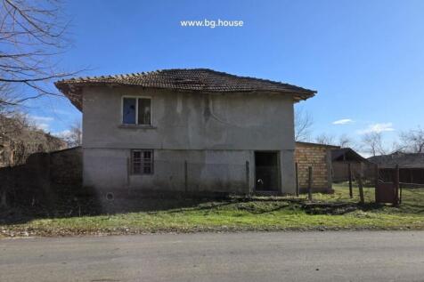 Front view of a two-storey rural house with plastered walls and tiled roof beside a road