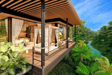 This image shows a modern, open-air house with woo