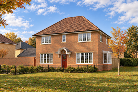 A two-story red brick house with a brown tiled roof stands behind a low black fence and green lawn