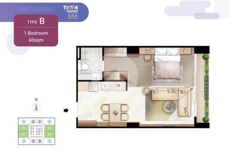 8th Floor 1 Bedroom Condo Type C5 For Sale - Time Square 306, BKK1, Phnom Penh