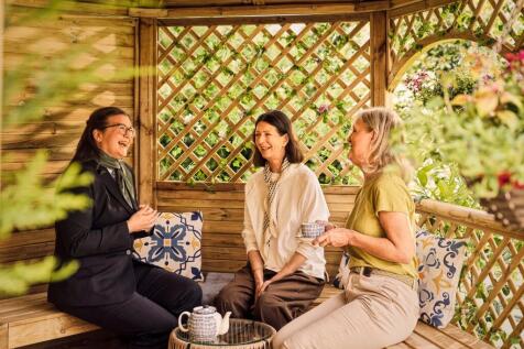 a group of women sitting on a bench