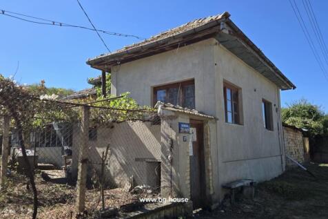 Exterior of a two-storey village house with plastered walls and wooden windows, featuring a fenced yard covered with grapevines