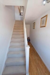Bright and tidy carpeted staircase and hallway...