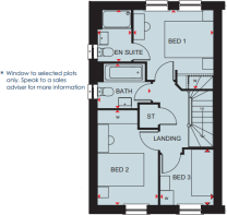 First floor plan of the Archford 3 bedroom home at Foundry Lea