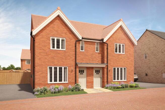 A pair of red brick semi-detached houses with white-framed windows and white doors stand in the fore