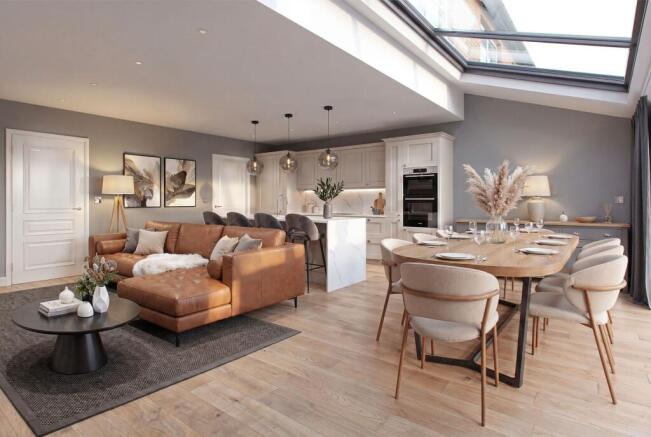Open plan family/dining room/kitchen CGI