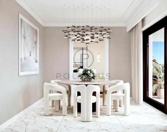 A modern dining room features a round table with w