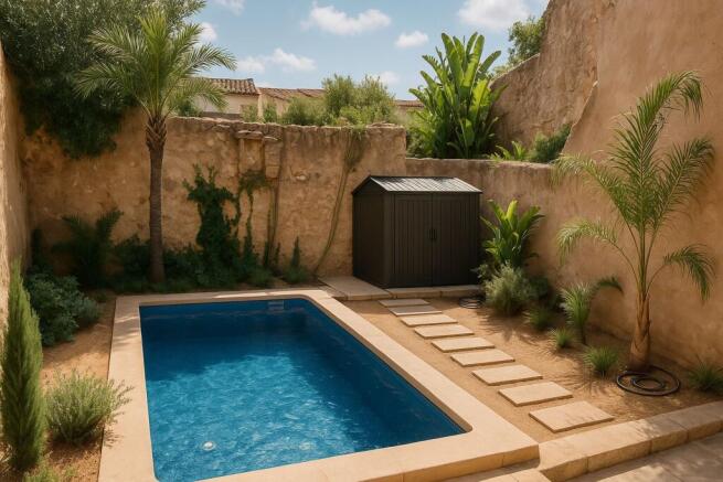 Low maintenance Mediterranean style outdoor area with swimming pool