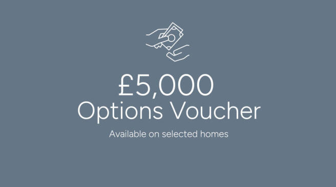 The image displays a £5,000 Options Voucher available on selected homes