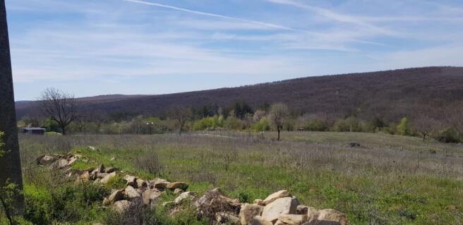 Wide view of an open grassy field with a low stone wall in the foreground and wooded hills in the background.