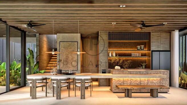 A modern, open-concept dining and kitchen area fea