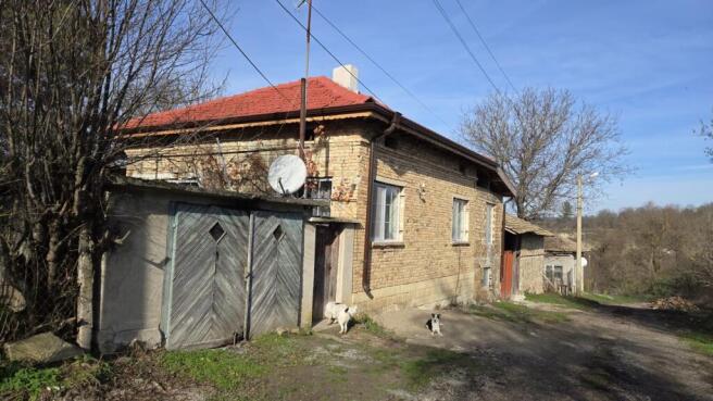 Side view of a brick house with a red roof and wooden garage doors, with dogs near the entrance.