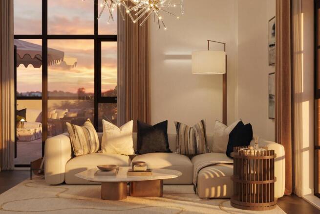 Dusk photo of lounge with the window leading out to the penthouse balcony