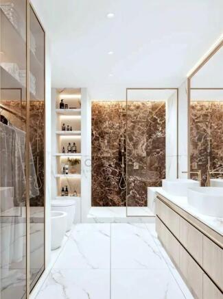A modern bathroom featuring a marble-tiled shower,