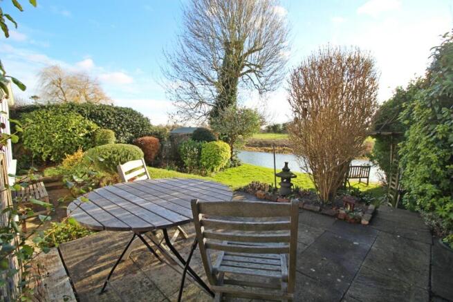 patio, garden, river