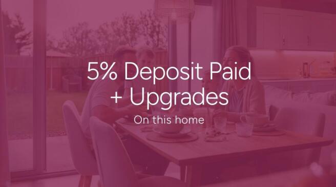 A white line drawing of a house sits above the text "5% Deposit Paid + Upgrades" on a muted blue bac
