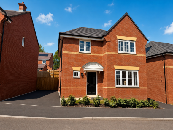 A modern red brick house with a black door and white-framed windows sits on a paved driveway