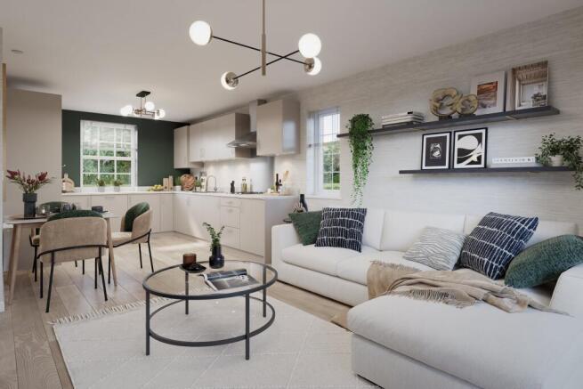 Internal CGI of the living and dining area in the belbroughton