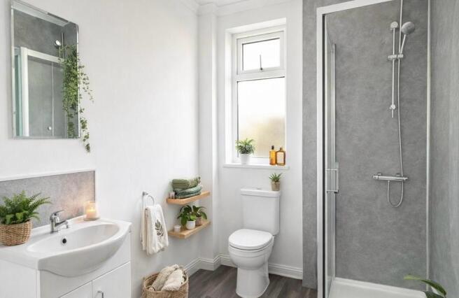 Bright modern bathroom with stylish grey tiling...